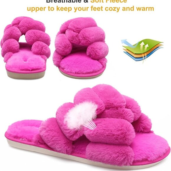 Women's Faux Fur Open Toe Slippers Cozy Fluffy House Slides for All Season - Picture 4 of 6